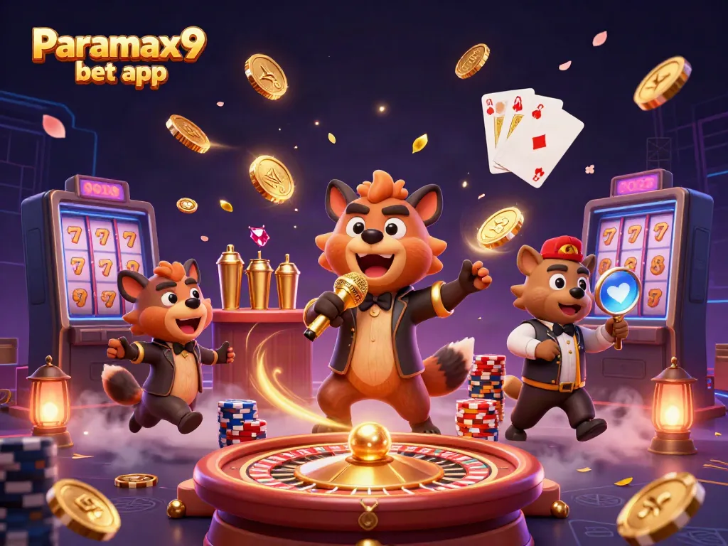 Engage with the Paramax9 bet app in a vibrant casino scene featuring animated hyenas.