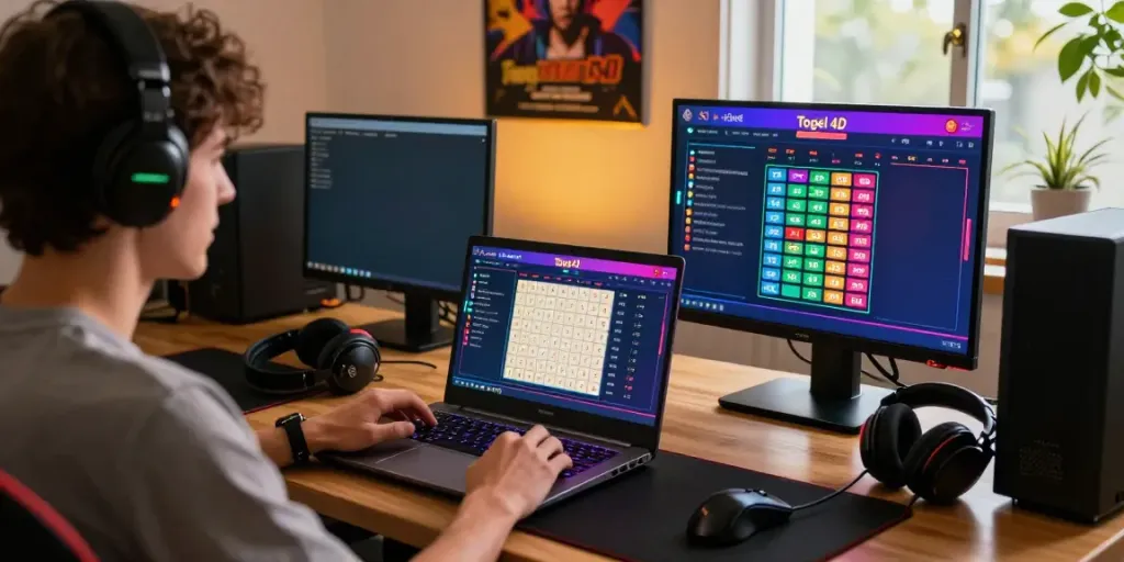 Pengguna Bagustoto memeriksa hasil togel 4D di laptop dengan antusiasme.