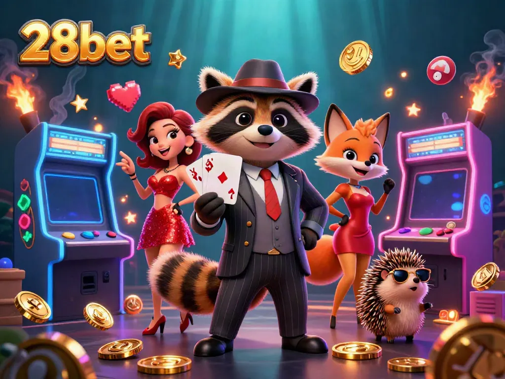 Experience the thrill of 28bet with charming characters and vibrant gaming elements in a dynamic casino scene.