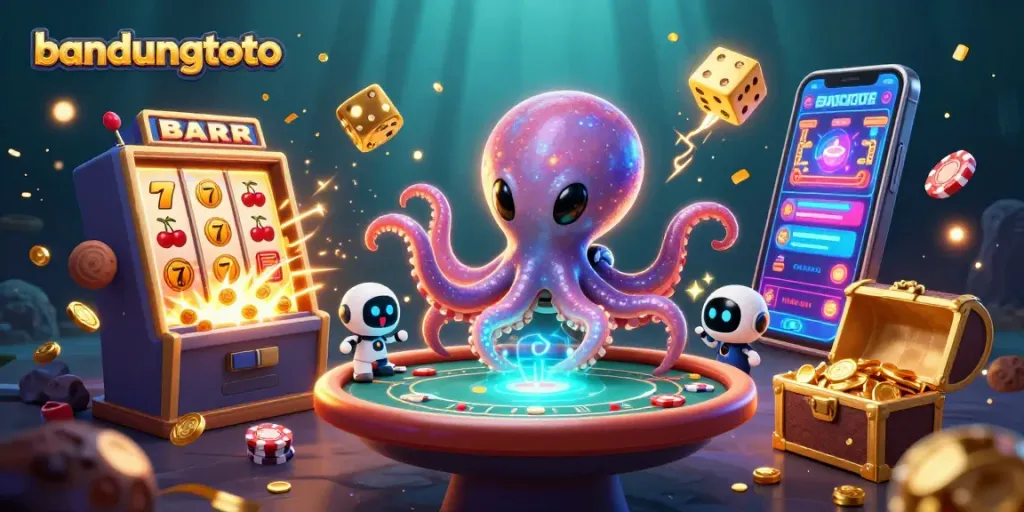 Experience exciting gameplay at bandungtoto with a thrilling 3D casino scene featuring vibrant slot and poker elements.