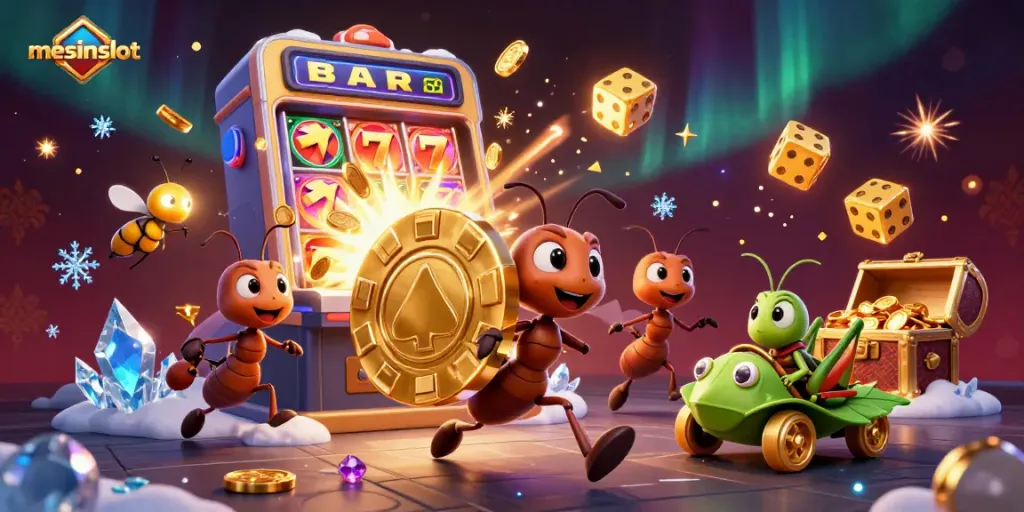 Experience thrilling gameplay with mesinslot as ants carry a gigantic poker chip amidst a dazzling casino backdrop.