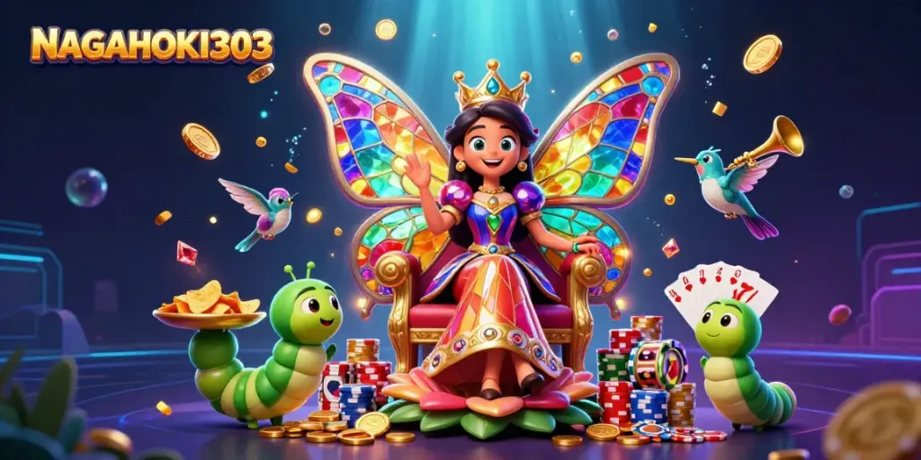NAGAHOKI303 showcases a vibrant scene of whimsical casino elements featuring a butterfly queen and treasures.