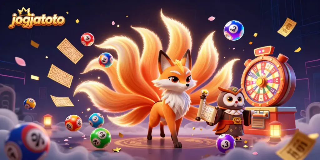 Experience the vibrant atmosphere of jogjatoto with a nine-tailed fox spirit, lottery elements, and an enchanting owl sage.