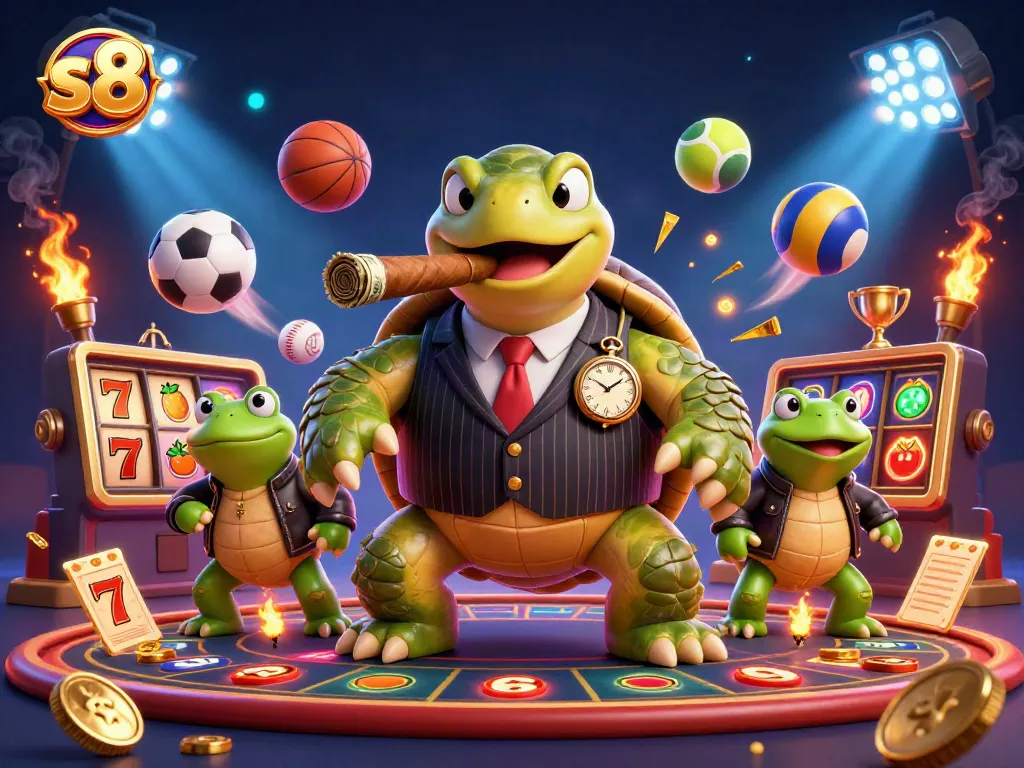 S8 slots and games feature a massive turtle mobster facilitating exciting wins on a dynamic casino floor.