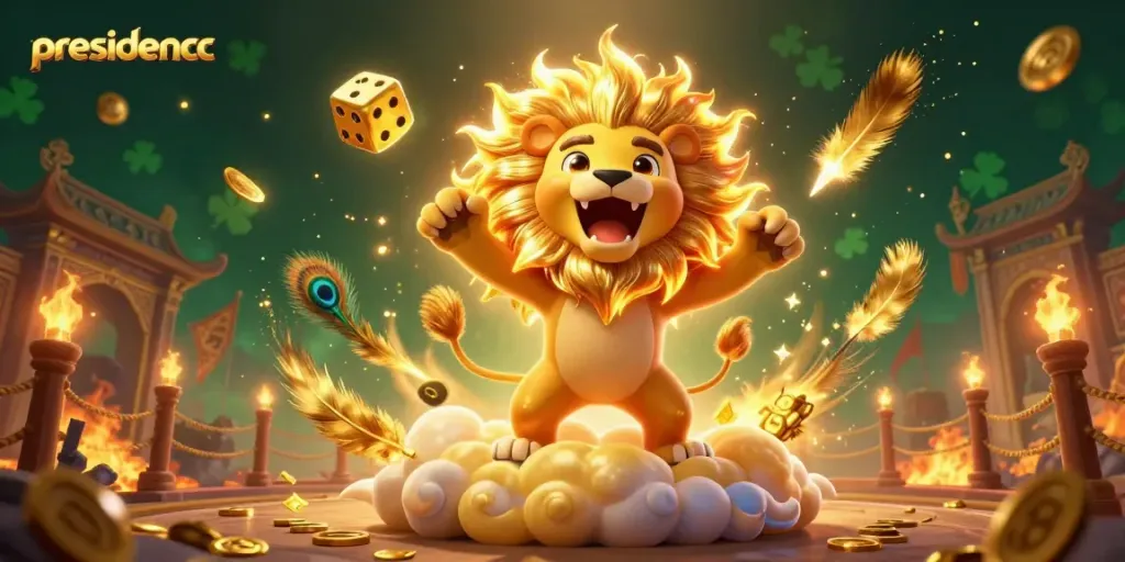 Watch presidencc come alive with an epic golden lion roaring amidst vibrant gambling elements.