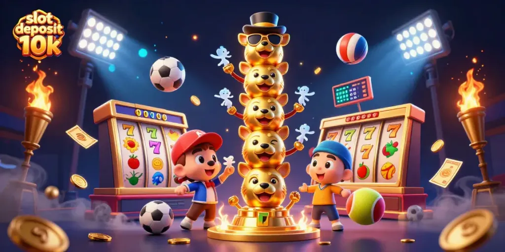 Mengakses slot deposit 10k dengan mudah melalui ilustrasi totem 3D penuh warna yang menggambarkan suasana kasino yang enerjik dan menyenangkan.