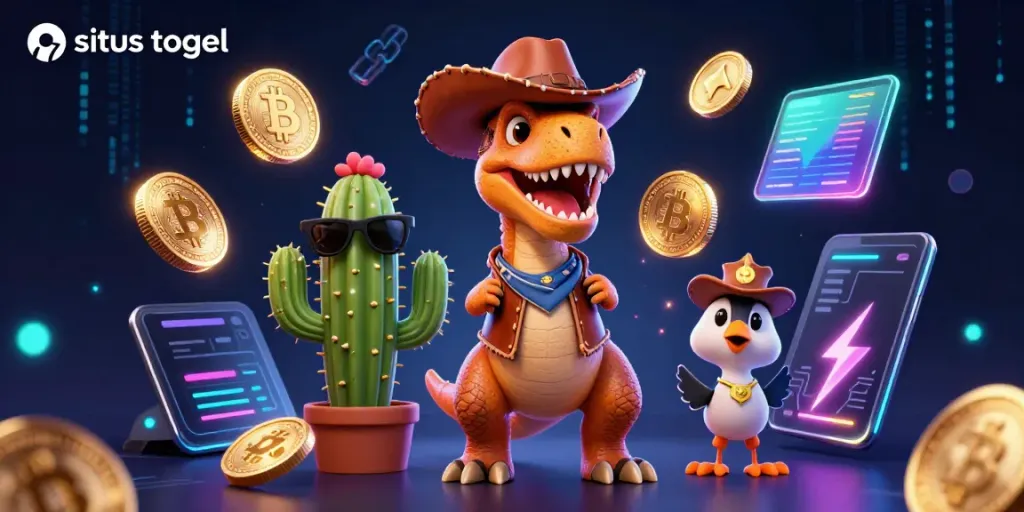 Engage with situs togel through an exciting illustration of a cowboy T-Rex, cactus, and roadrunner amidst glowing digital coins and crypto elements.