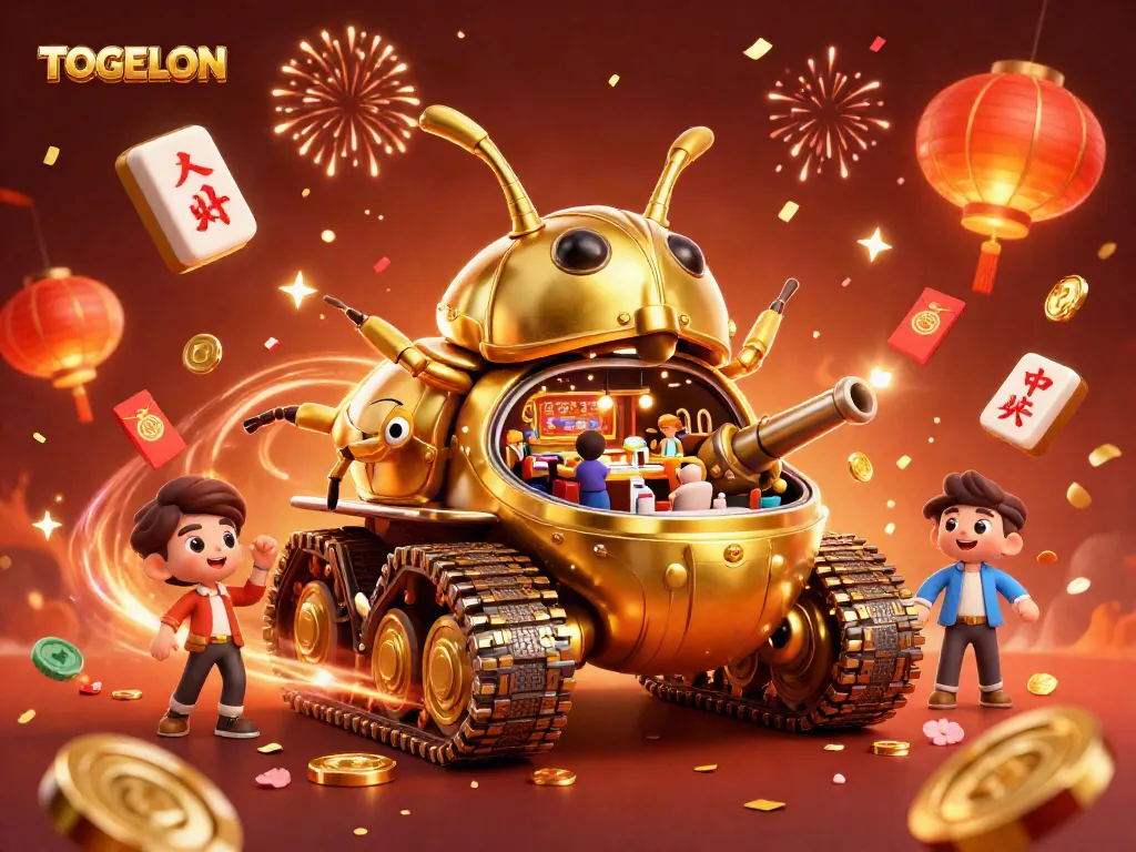 Engage with TOGELON in a lively casino scene featuring a golden beetle tank and festive elements.
