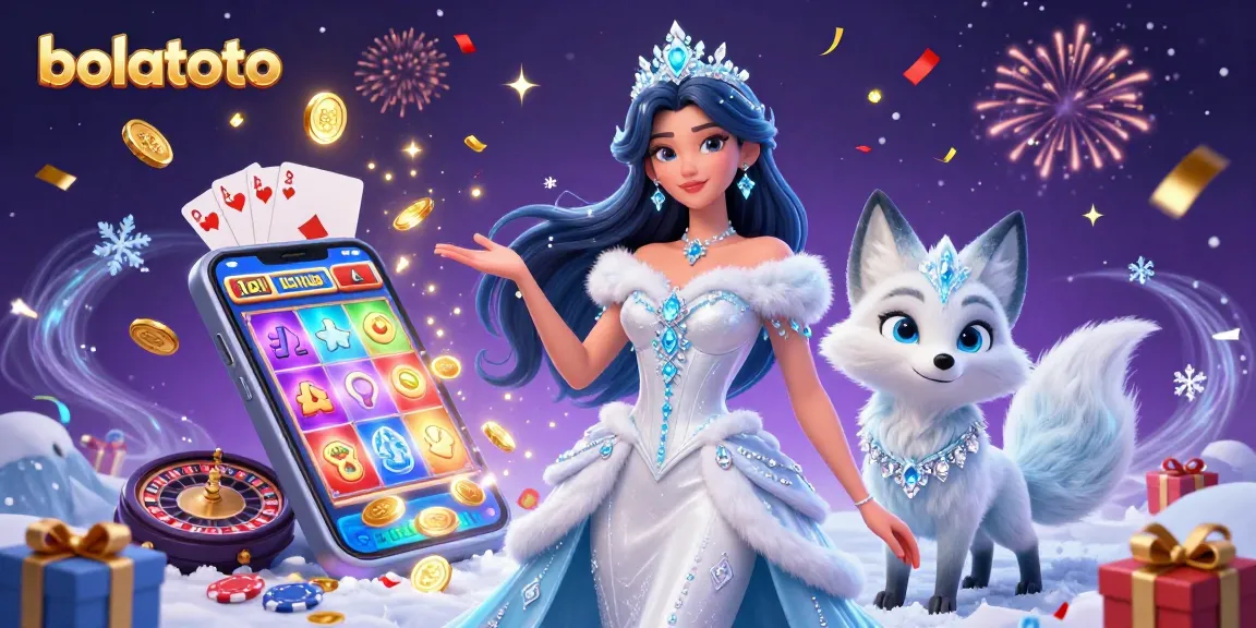 Spinning slot reels with bolatoto's ice queen and fox celebratory scene in 3D.