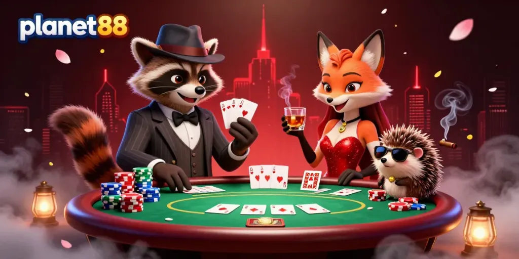 Experience the thrill of poker at planet88 as our suave raccoon and fox bravely play their hand.