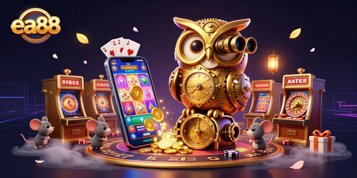 ea88's vibrant 3D illustration showcases a golden owl surveying a bustling casino with tiny patrons at slot machines.