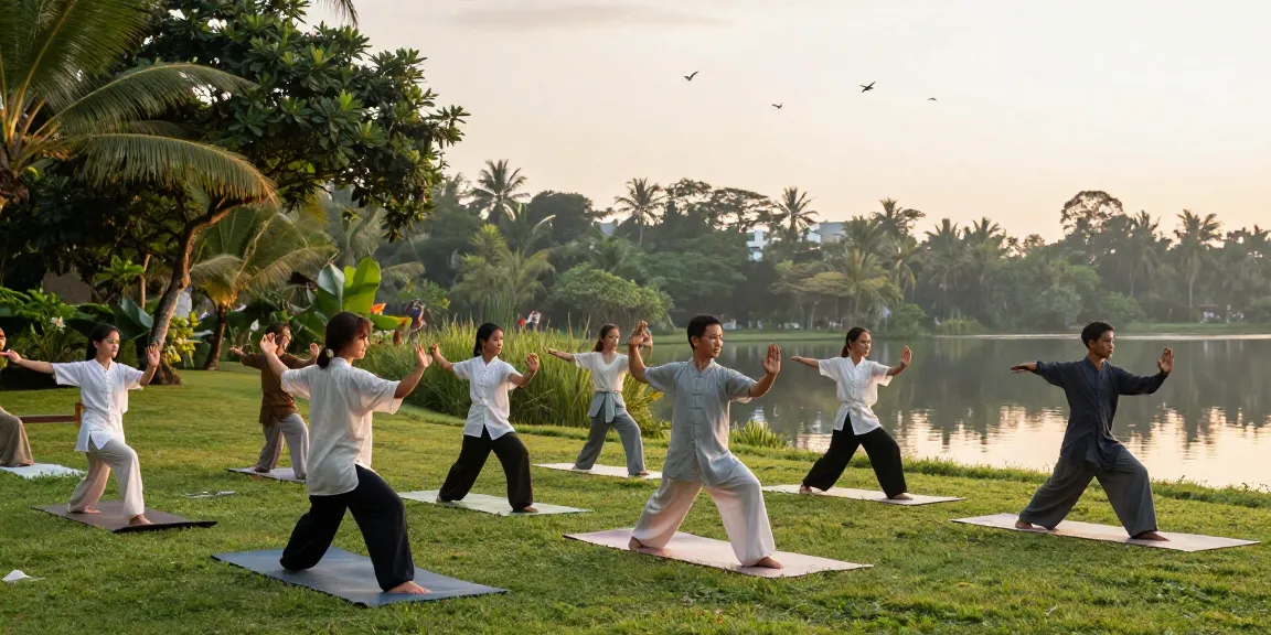 Tai Chi classes Bali in a serene outdoor setting with students practicing under the guidance of an instructor.