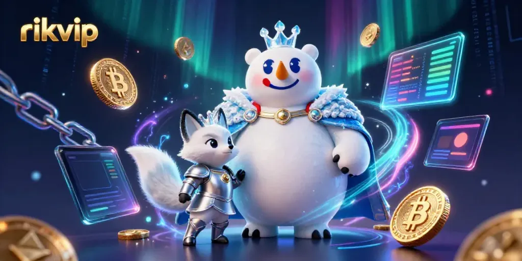 Play exciting games at rikvip with vibrant scenes showcasing crypto elements and a stunning ice king.