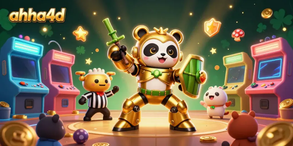Experience exciting gameplay with ahha4d's vibrant 3D casino scene featuring a mech-suit panda and colorful game elements.