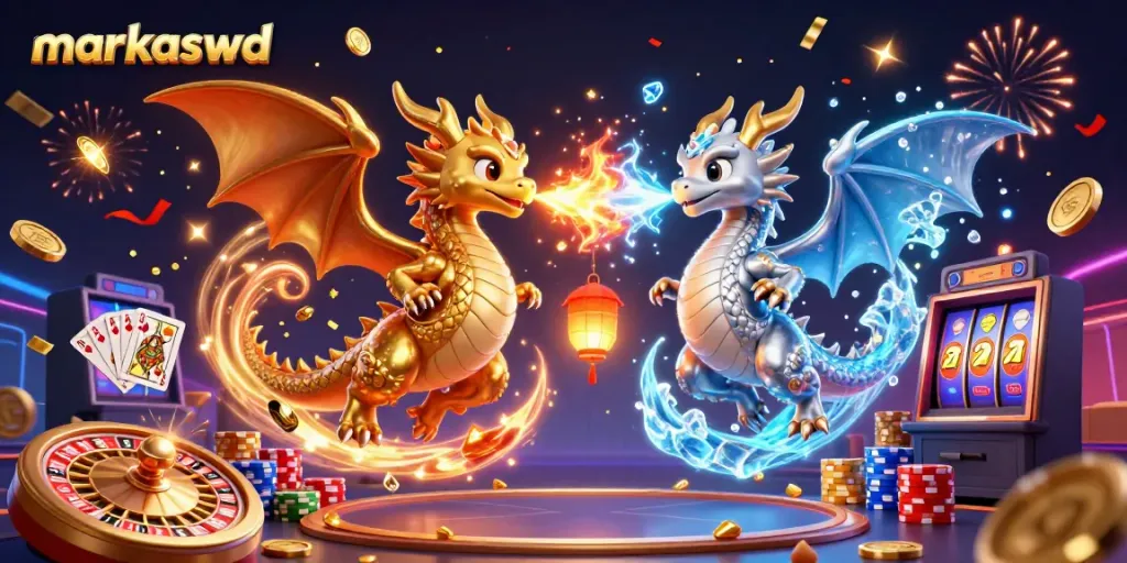 Experience the thrill of markaswd with vibrant dragons and cascading casino elements.