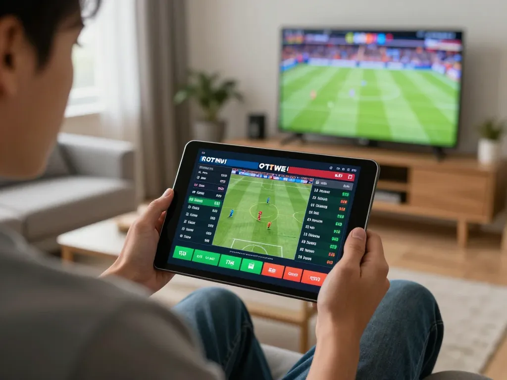 Person using tg88 to place live sports bets on a tablet in a cozy living room.