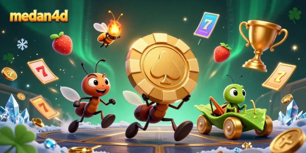 Ant-berjalan pencurian chip poker besar di medan4d dengan simbol slot berwarna-warni.