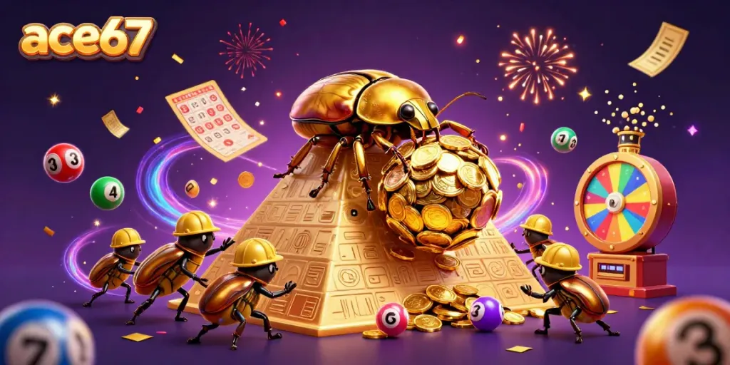 Experience the excitement of ace67 with dynamic lottery elements and golden beetles in a casino-themed celebration.