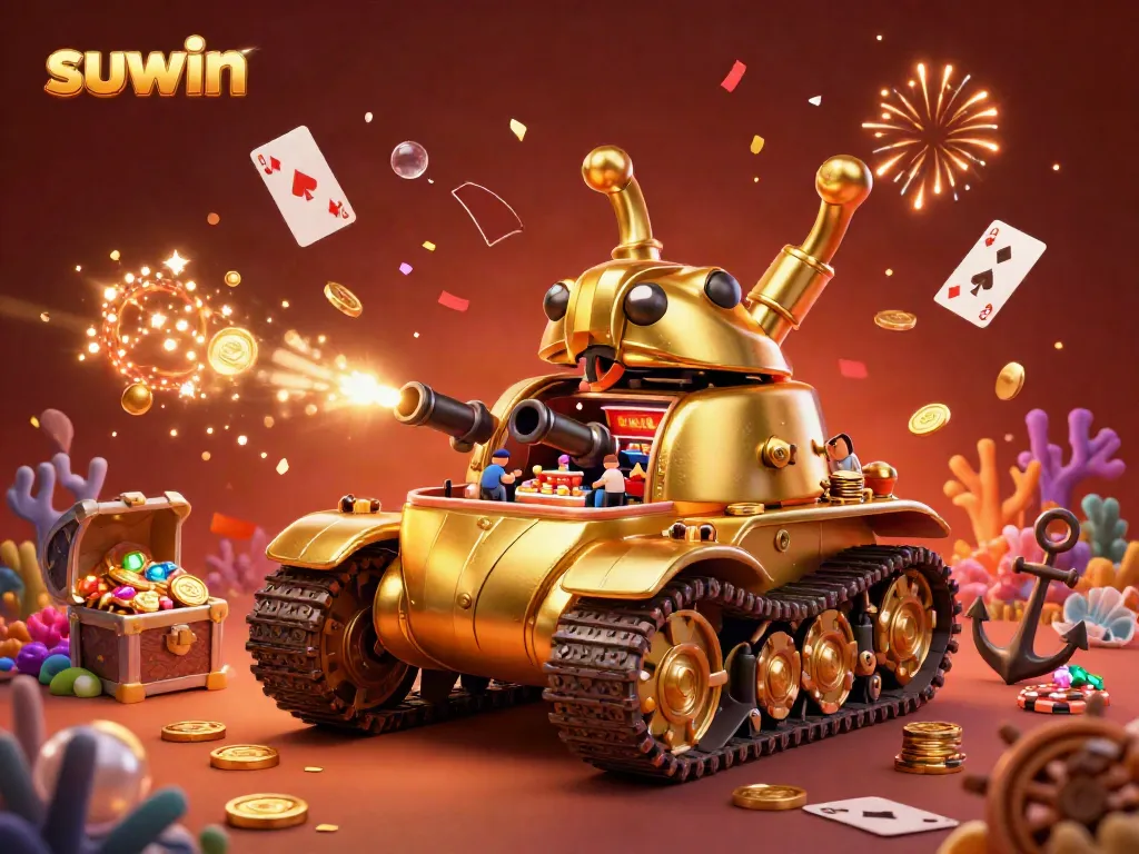 Suwin casino experience with a golden beetle tank, vibrant decorations, and dynamic confetti explosion.