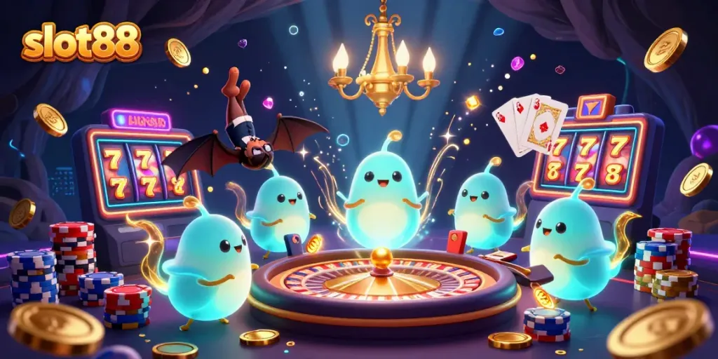 Experience excitement with slot88 as glowing worms illuminate a vibrant casino scene.