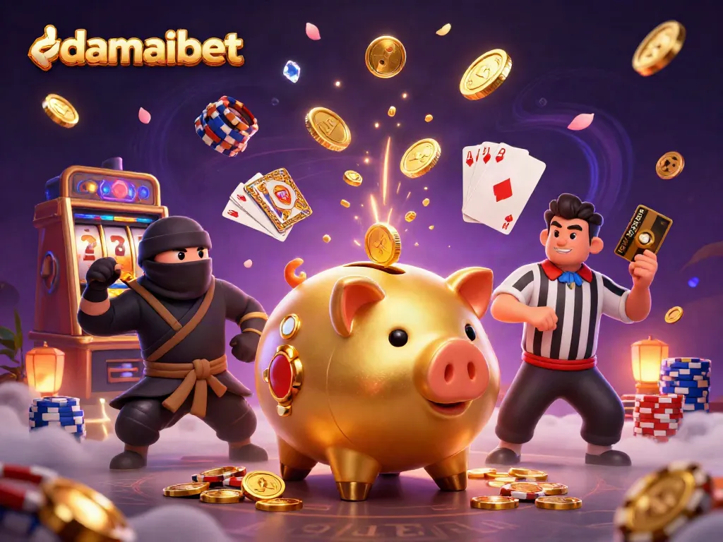 Aksi pemain di damaibet dengan karakter Koin Emas dan Sumo saat bermain slot online yang penuh koin berkilau.