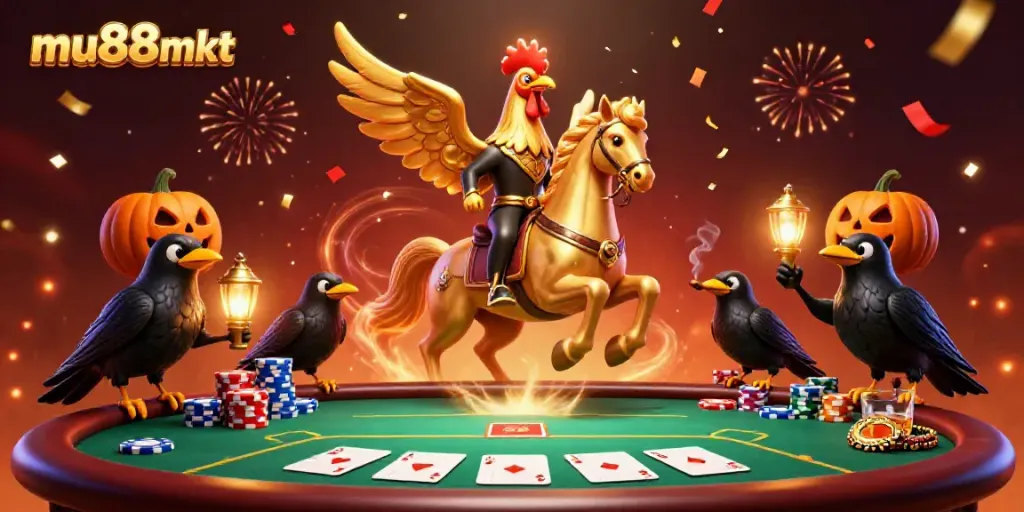 Experience the excitement of mu88mkt with a golden rooster in a lively casino scene.