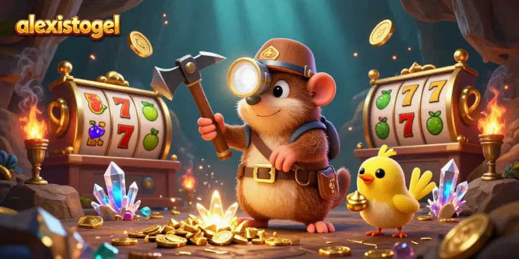 Slot Gacor melalui alexistogel menampilkan karakter penambang lucu dengan harta berkilau.