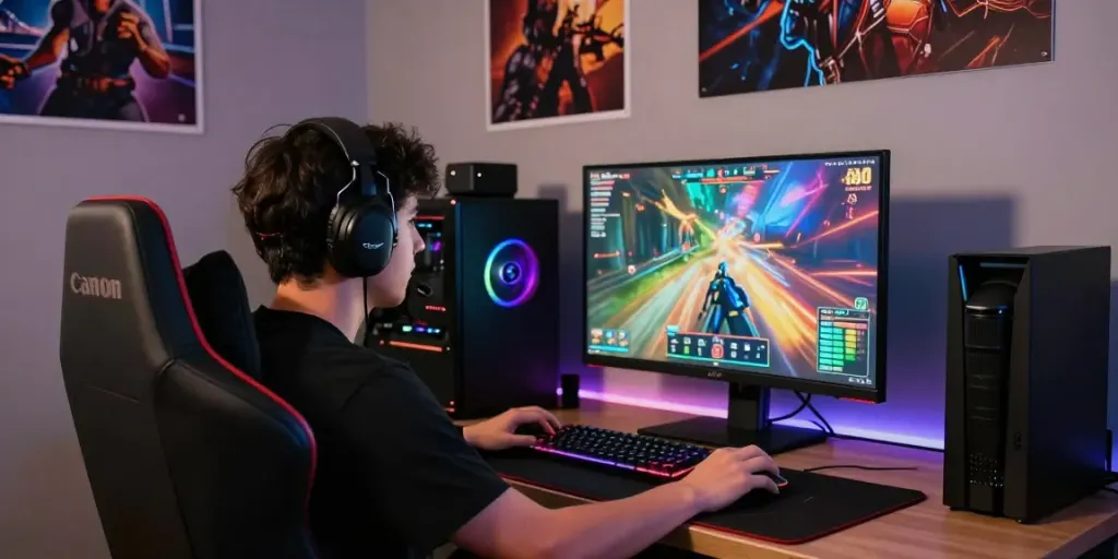 Pemain terfokus memainkan sniperslot dalam suasana gaming yang cerah.