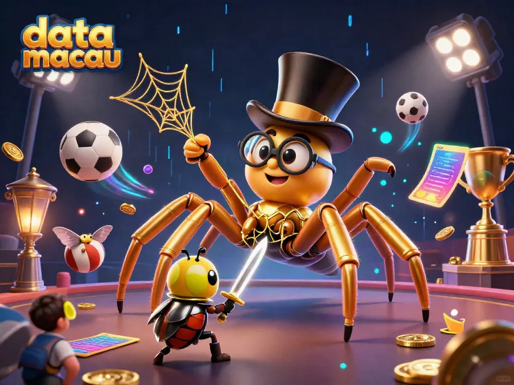 Visualisasi data macau dengan tarantula emas dan ksatria kecil di tengah suasana kasino.