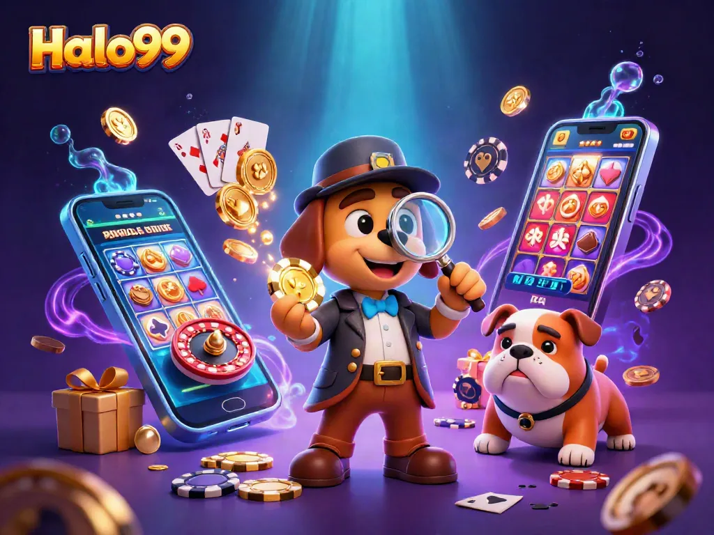 Experience thrilling gaming with Halo99's vibrant characters and casino elements in a 3D scene.