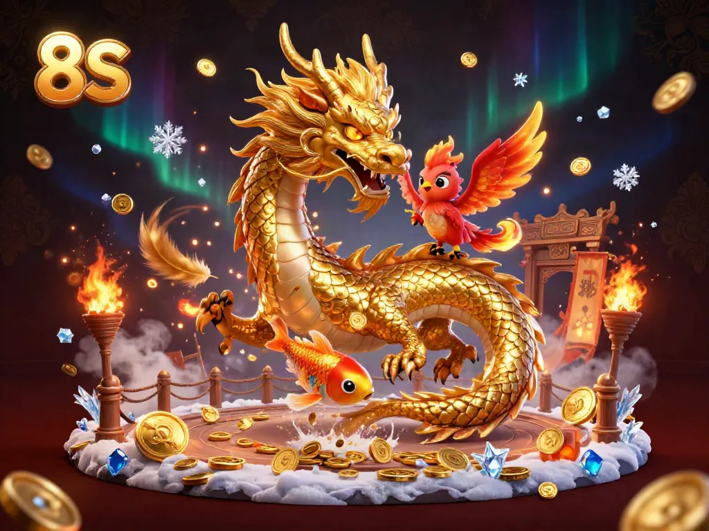Experience thrilling gameplay with golden dragon and phoenix in vibrant 8S casino scene.
