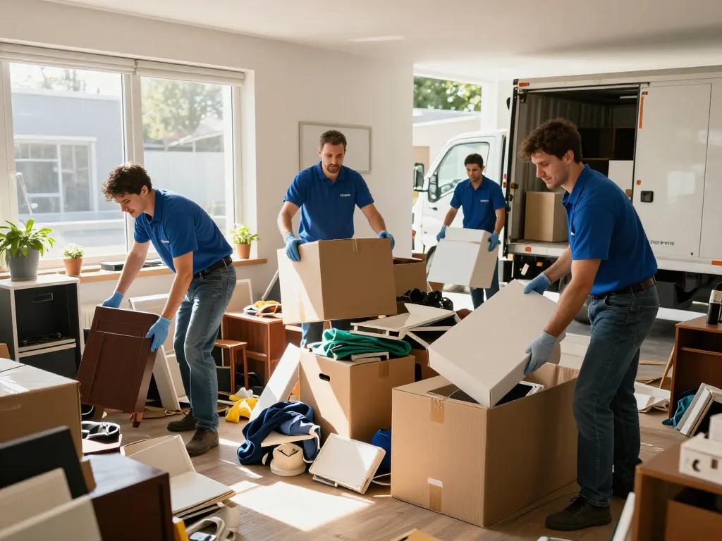 Effiziente Räumung Wien-Szene mit professionellen Umzugshelfern, die eine überladene Wohnung räumen.