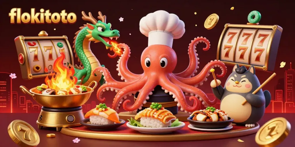 Experience exciting gameplay with flokitoto's dynamic cartoon scene, including a sushi chef octopus and dragon.