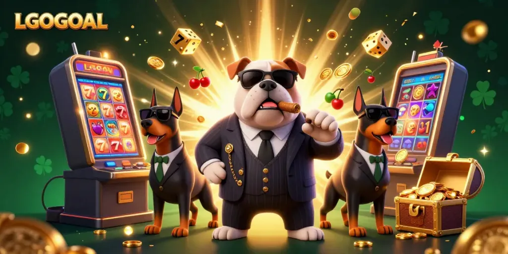 Engage with the thrilling LGOGOAL casino scene showcasing a mafia boss bulldog amidst slot machines and gold treasures.