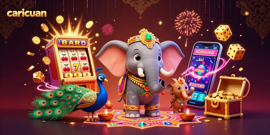 Spin to win with caricuan's vivid 3D casino illustration featuring vibrant characters and jackpots.