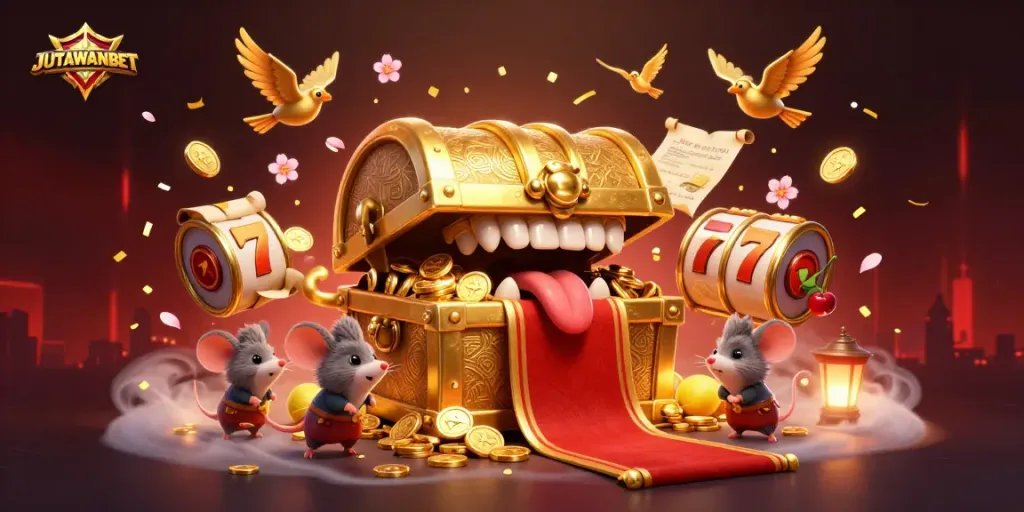 Explore the captivating world of JUTAWANBET, showcasing a golden treasure chest and slot game elements.