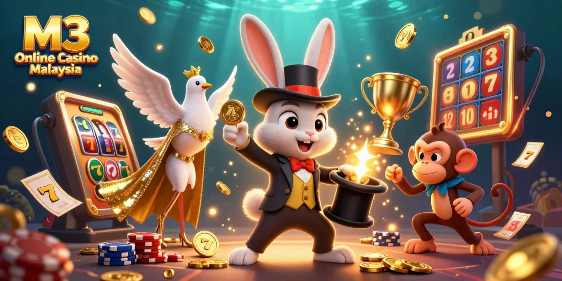 Engage with M3 Online Casino Malaysia's vibrant 3D illustration depicting a magician, dazzling dove, and cheeky monkey gaming.