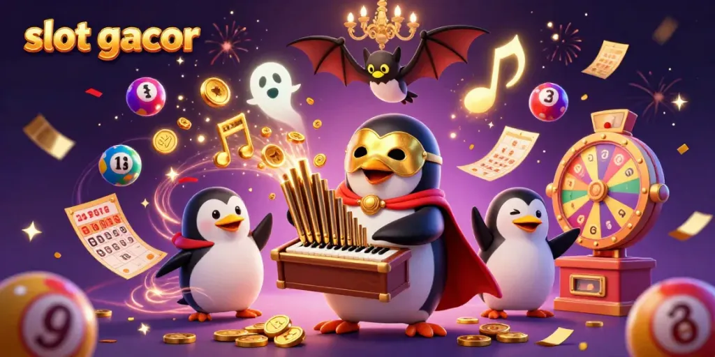 Slot gacor penuh warna dengan penguin bermain organ yang memancarkan koin emas, dikelilingi elemen permainan.