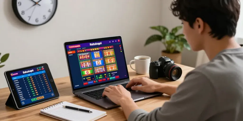 Aktivitas bermain ratutogel di platform online dengan laptop, menampilkan antarmuka permainan togel dan slot.