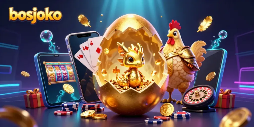 Experience the excitement at bosjoko with a baby dragon atop poker chips, glowing game elements, and golden armor.