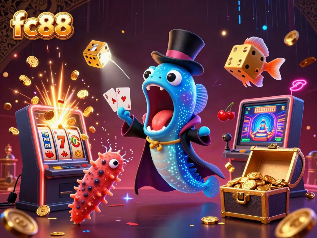 Experience the magic of fc88 with a bioluminescent eel performing tricks and casino elements in a vibrant 3D scene.