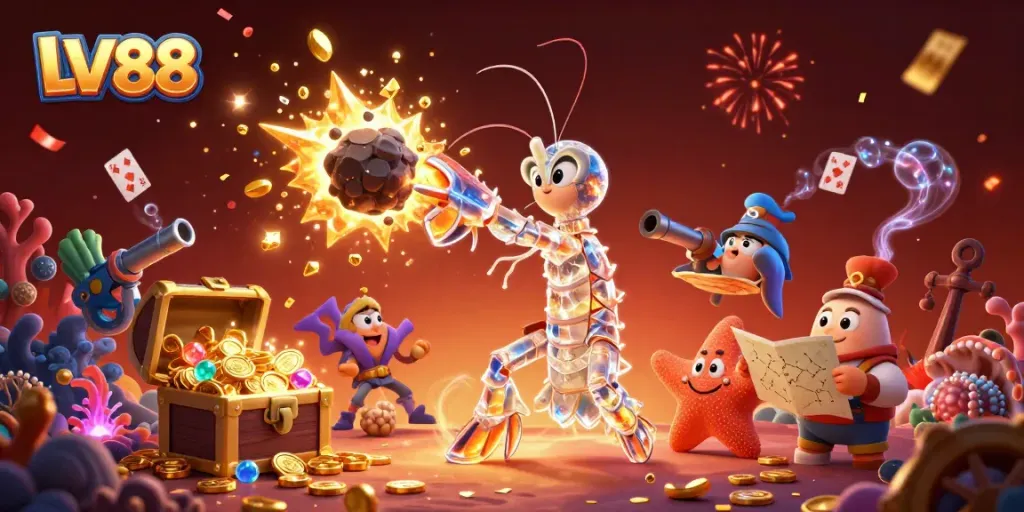Experience LV88's immersive casino universe with a vivid explosion of gems, coins, and colorful sea creatures.