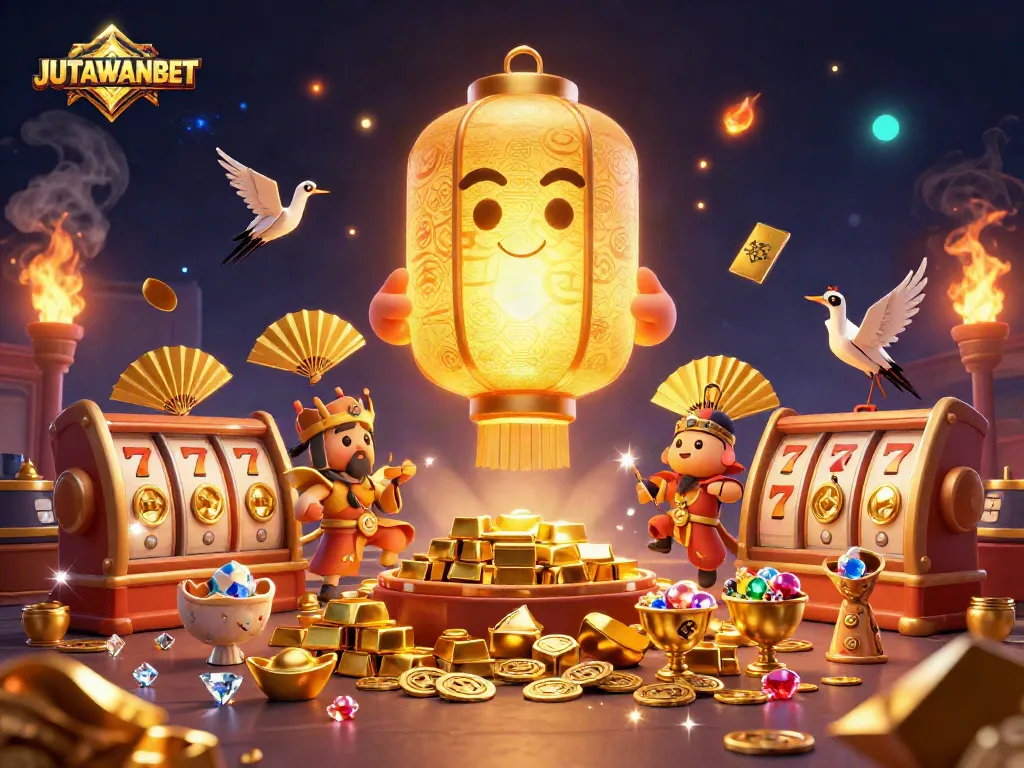 Experience thrill with JUTAWANBET at a vibrant casino scene featuring lucky symbols and dazzling treasures.