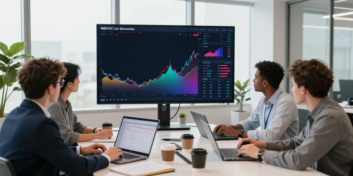 MEXC US Stocks trading team analyzing market data in modern office setting.