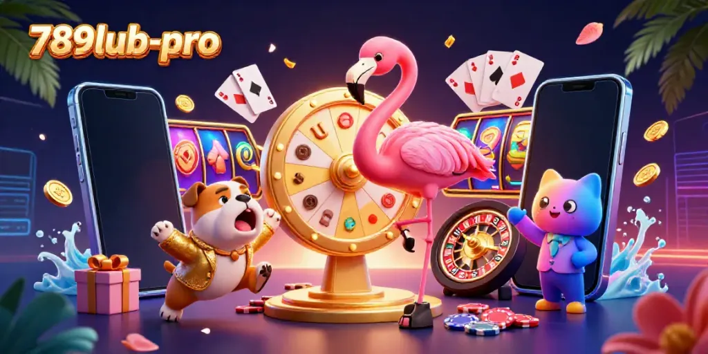 Experience thrilling gameplay with 789lub-pro featuring a flamboyant flamingo host and an excited bulldog contestant.