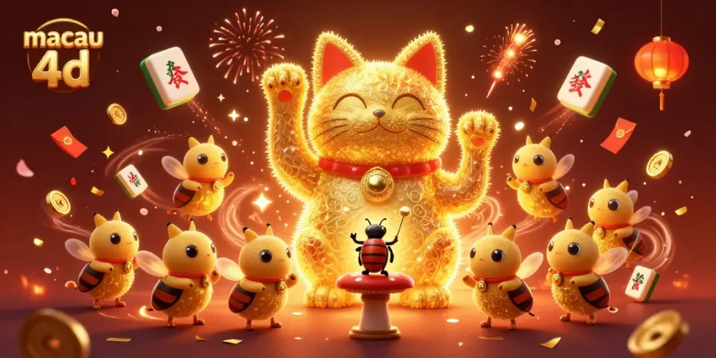 Engage with macau 4d in an enchanting scene featuring a lucky cat formed by golden fireflies surrounded by casino symbols.