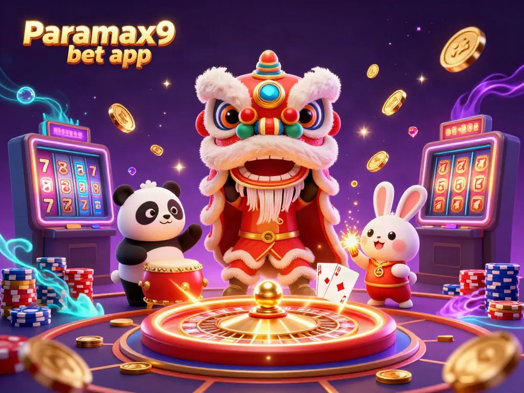 Engage with the fun of the Paramax9 bet app through a colorful lion dance casino scene filled with gaming action.