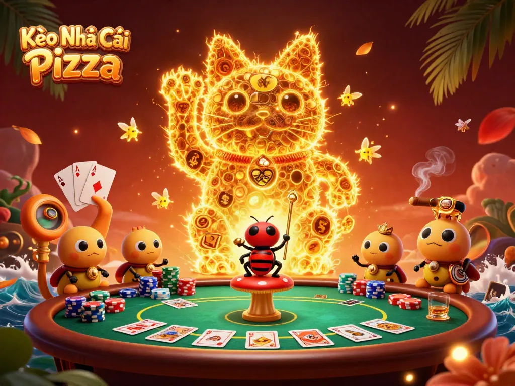 Experience thrilling action at Kèo Nhà Cái Pizza with a vibrant casino-themed illustration showcasing dynamic gambling elements.