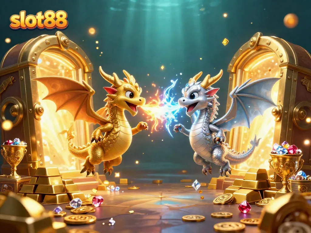 Mendapatkan kemenangan besar di slot88 dengan simbol jackpot dan koin emas menyebar di sekitar makhluk fantastis