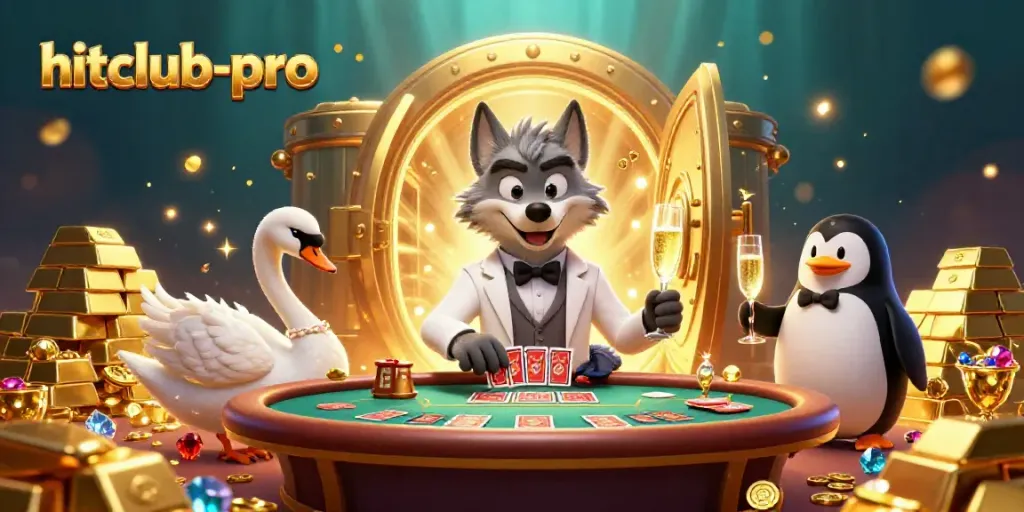 Experience the thrill of hitclub-pro with our animated wolf, swan, and penguin at a vibrant casino scene.